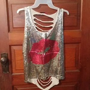 Body Central Silver Sequin Tank Ripped out Back